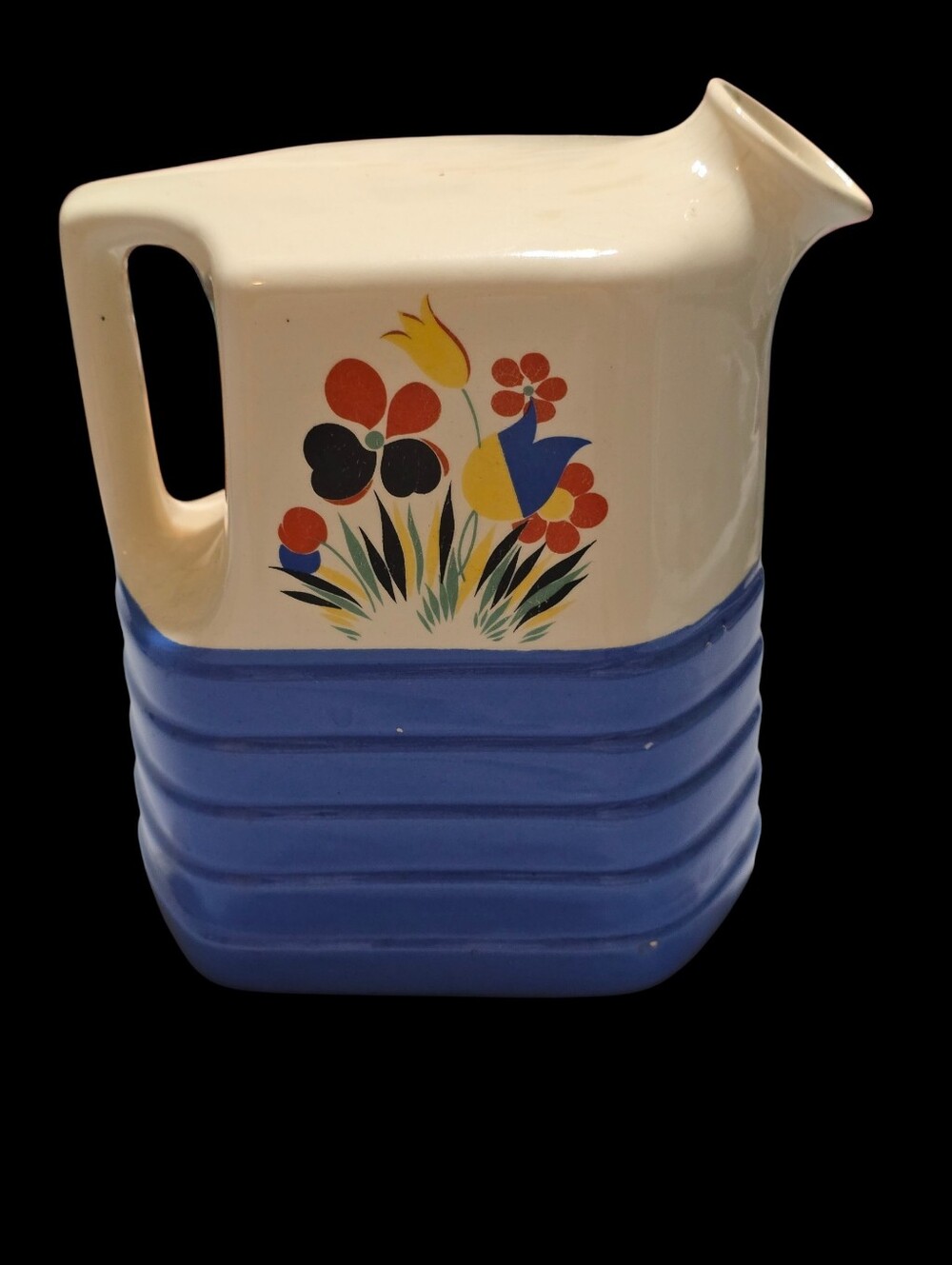 Vintage | 30s Cream and Blue Floral Ceramic Pitcher Decorative Home Art